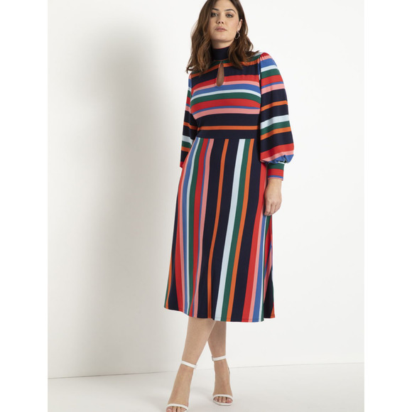 Elouqii Dress Womens 14 Multicolor Striped Keyhole Long Puff Sleeves A Line Midi - Picture 2 of 15